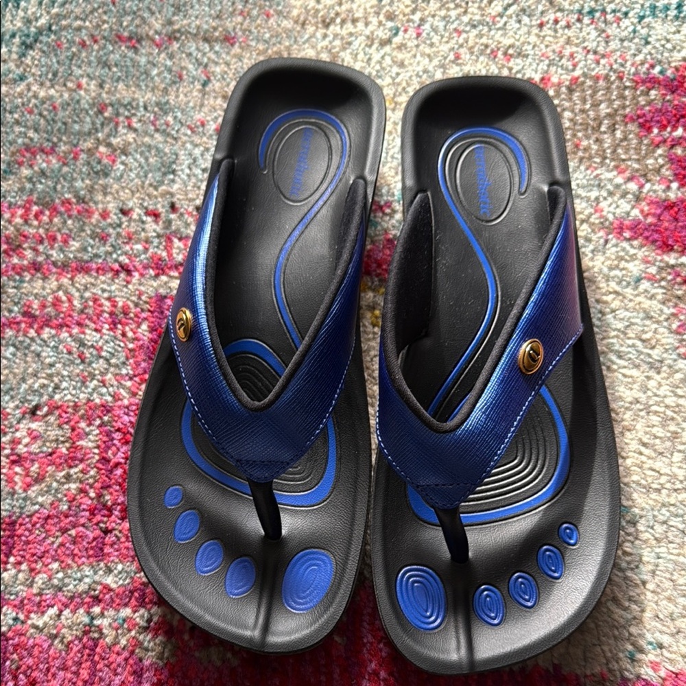 Blue and Black Flip Flops